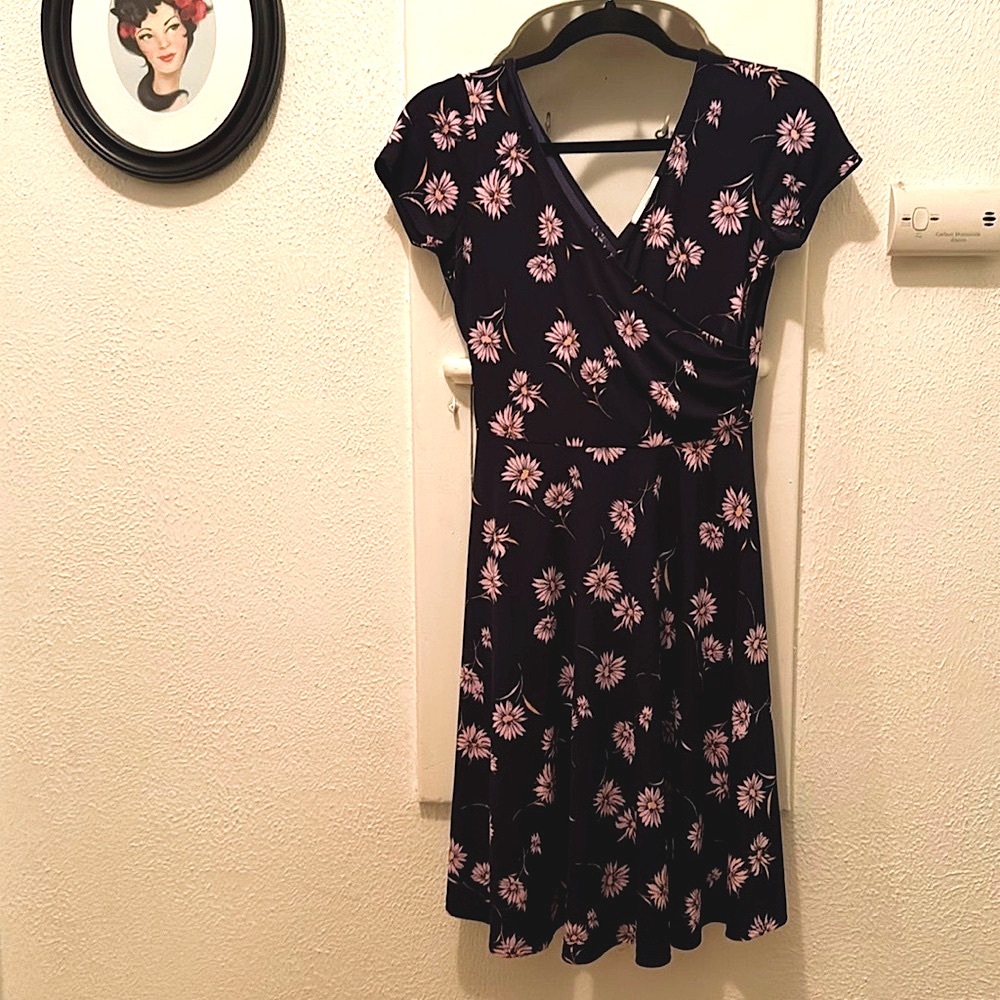 Dark Navy Faux Wrap Dress with pink daisies